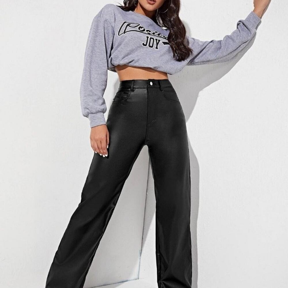 MakeMeChic Women's High Waist Pockets Straight Leg Jeans Faux Leather Pants L